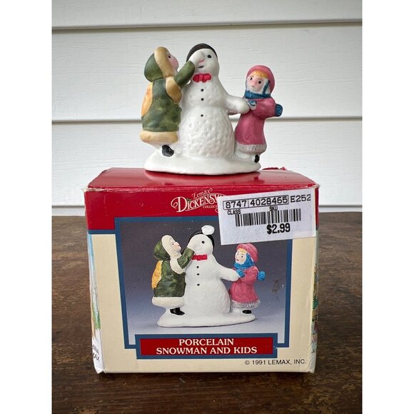 Vintage Lemax Dickens Collectibles 1991 Porcelain Snowman & Kids Figurine Holida - Picture 1 of 8